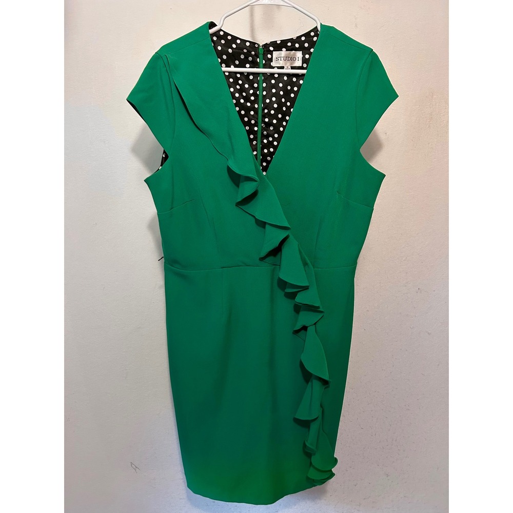 Studio I Womens Green Ruffle Front V-Neck Sheath Dress Size 16 Polka Dot Lining
